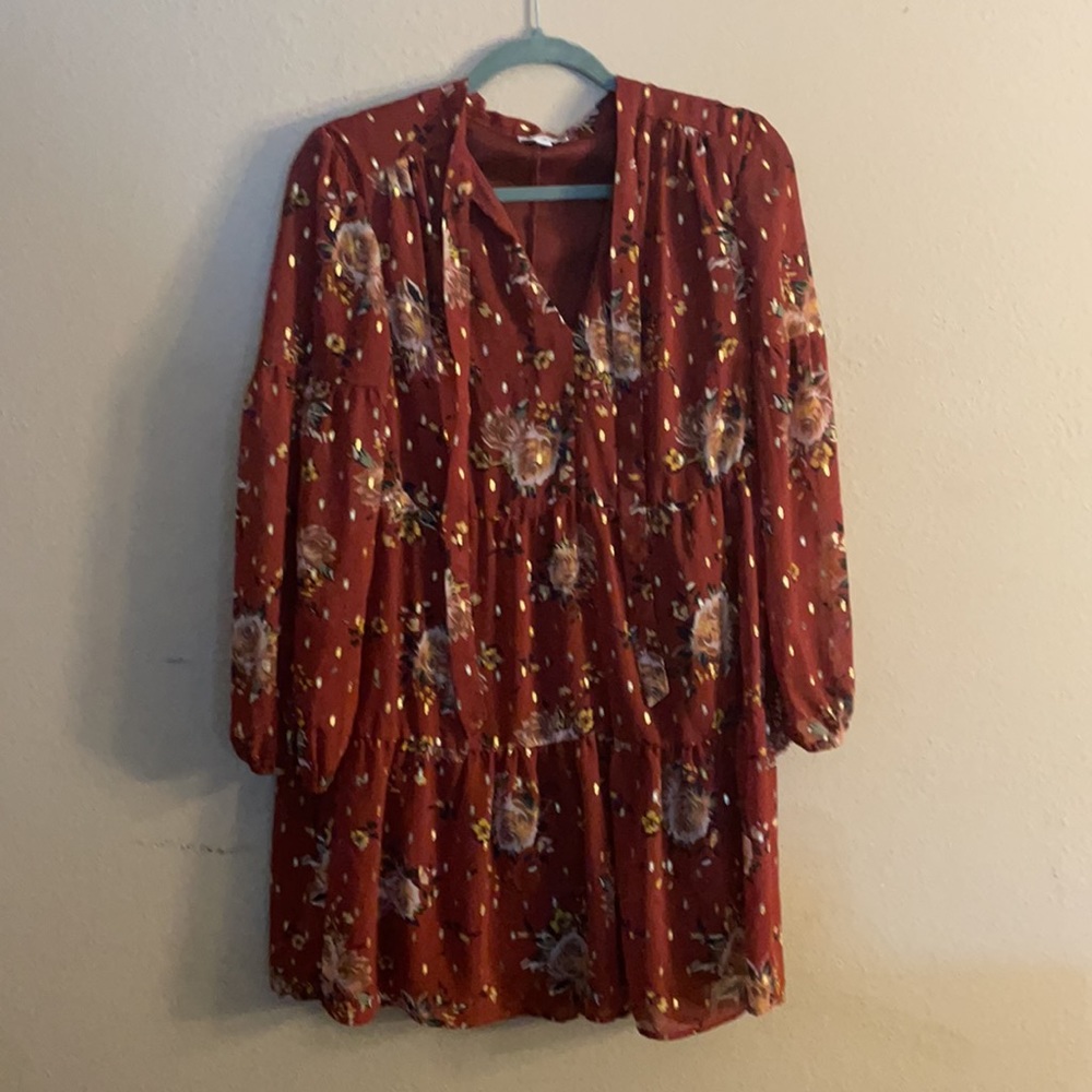 Burnt orange/brown dress with beautiful floral and gold details!